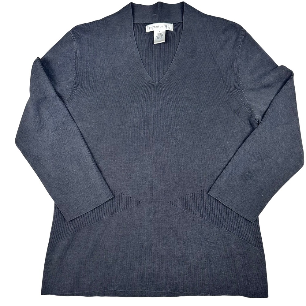 Y2K Womens Black Silk Blend V Neck 3/4 Sleeve Sweater Airy Spring Size M‎